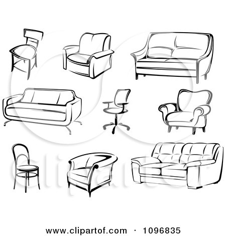 Clipart Of Black And White Sketches Of Furniture   Royalty Free Vector  