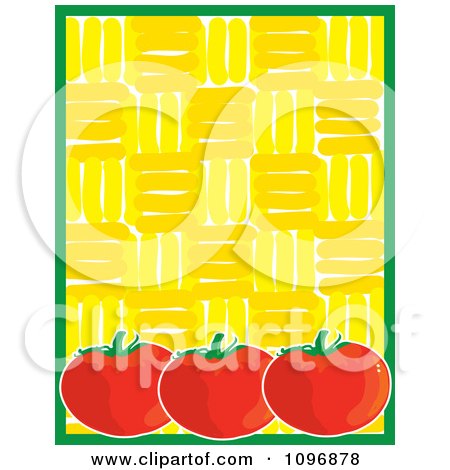 Three Plump Tomatoes With A Green Border Over A Yellow Pattern
