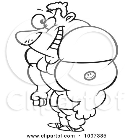 Clipart Outlined Happy Male Bodybuilder Flexing And Smiling Royalty Free 