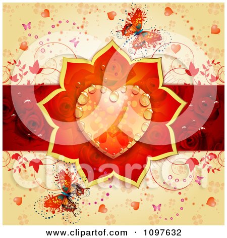 Wedding Or Valentines Day Background With A Dewy Orange Floral Heart Red 