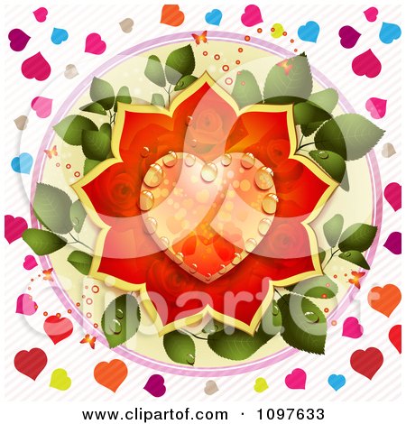Wedding Or Valentines Day Background With A Dewy Orange And Red Rose Heart 