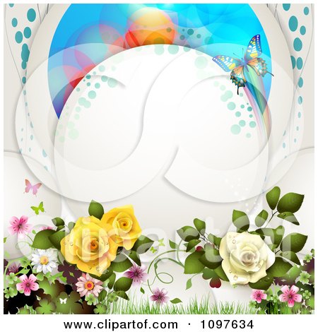 Spring Time Or Wedding Background Dewy Roses And Butterflies With Copyspace