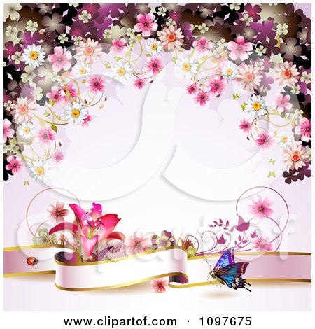 Pink Floral Blossom Wedding Background With A Lily Butterfly And Banner by 