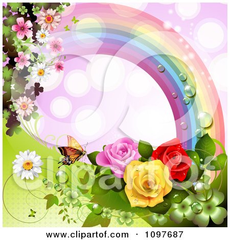 Spring Time Or Wedding Background With A Rainbow Roses And A Butterfly by 