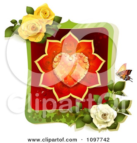 Valentines Day Or Wedding Frame With A Dewy Orange And Red Rose Heart 
