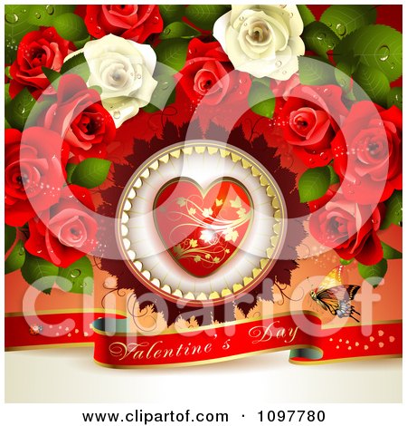 Valentine Roses on Clipart Heart And Rose Valentines Day Background With A Red Banner And