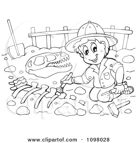 Coloring Pages Hearts on Clipart Outlined Paleontologist Brushing Dinosaur Bones   Royalty Free