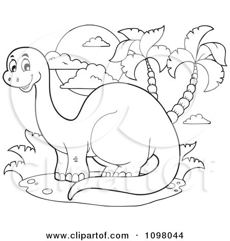 Dinosaurs Coloring Pages on Clipart Outlined Happy Brontosaurus Dinosaur By Palm Trees   Royalty
