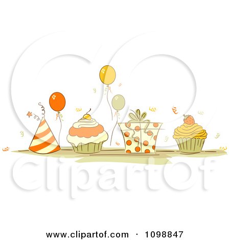 Gifts Party on Clipart Orange And Beige Party Hats Balloons Cupcakes And A Gift Box