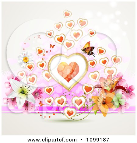Valentine Or Wedding Background Of Flowers Hearts And A Butterfly Posters 