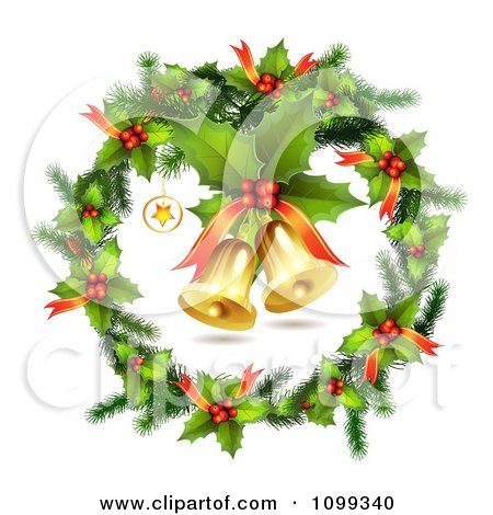 Free Vector  on 3d Holly Christmas Wreath With Jingle Bells   Royalty Free Vector