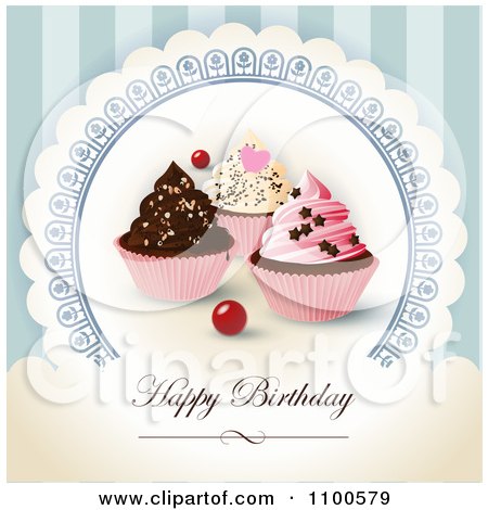 Happy Birthday Cake Pictures on Clipart Happy Birthday Greeting With Cupcakes On Blue   Royalty Free