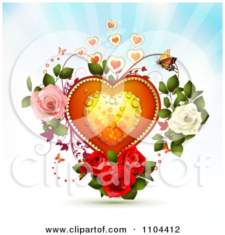 Butterfly Vector Free on Dewy Heart With Butterflies And Roses Over Rays   Royalty Free Vector