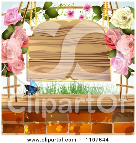 Butterfly And Brick Background With Roses And A Sign by