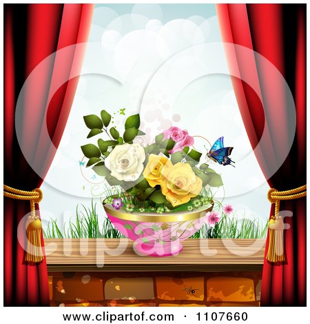 Butterfly And Brick Background With Drapes And Roses 3 
