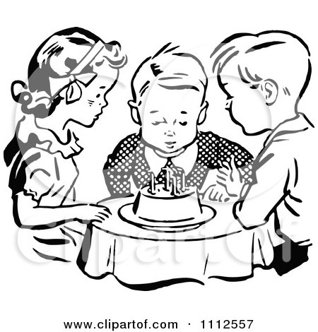Birthday Cake Cartoon on Retro Black And White Children Watching A Boy Blow Out His B    By