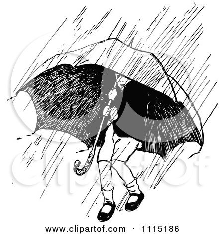 Clipart Vintage Black And White Boy Under An Umbrella In A ...