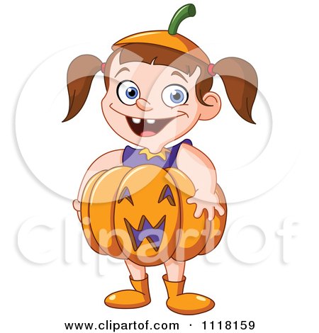 Cartoon Of A Happy Halloween Girl In A Pumpkin Costume ...