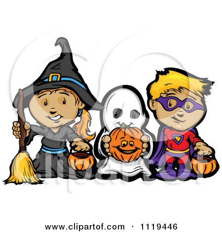  Halloween Costumes on Cartoon Of Halloween Kids In Witch Ghost And Super Hero Costumes