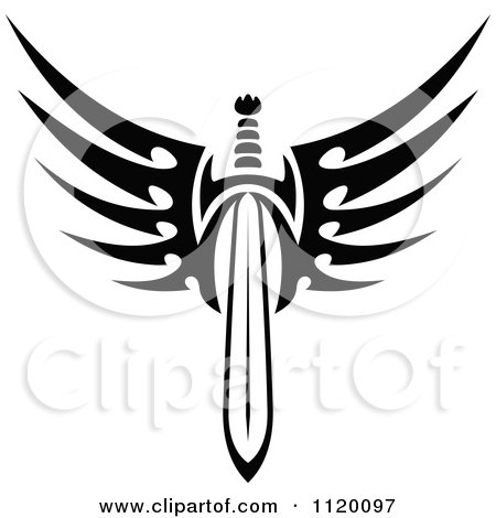Logo Design Black  White on Clipart Of A Black And White Tribal Winged Sword 6   Royalty Free