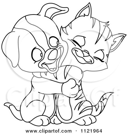 Cute Coloring Pages on Cartoon Of An Outlined Cute Puppy And Kitten Hugging   Royalty Free