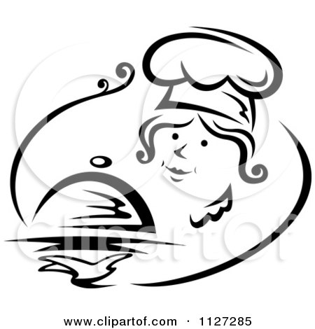 Clipart on Clipart Of A Black And White Pleasant Female Chef Serving A Cloche