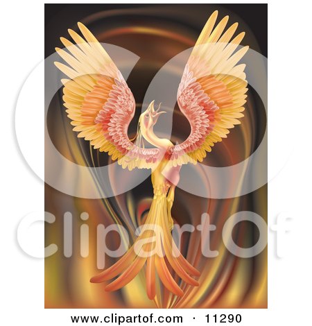 Majestic Phoenix Firebird Stretching its Wings Over a Fiery Background 