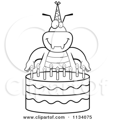 Cartoon Birthday Cake on Cartoon Clipart Of An Outlined Bug With A Birthday Cake   Black And