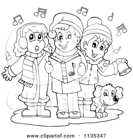 Christmas on Cartoon Of Outlined Children Singing Christmas Carols   Royalty Free