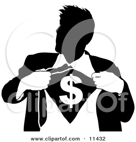  of a silhouetted businessman ripping his shirt to bare a dollar sign.