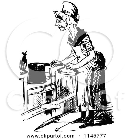 Clipart of a Retro Vintage Black and White Old Woman Cooking - Royalty