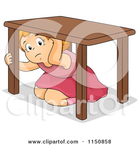Cartoon of a Scared Girl Hiding Under a Table During an Earthquake ...