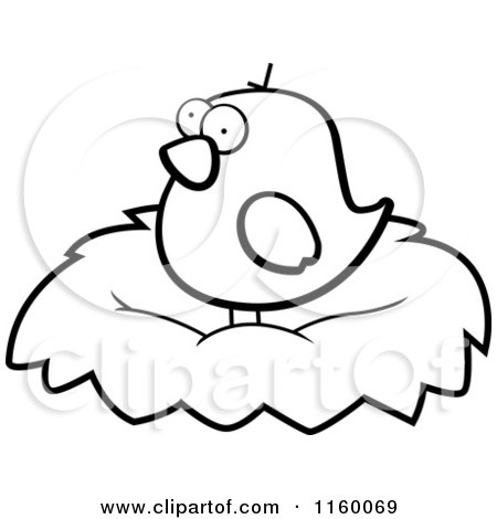 Cartoon Clipart Of A Black And White Chubby Bird Standing in a Nest