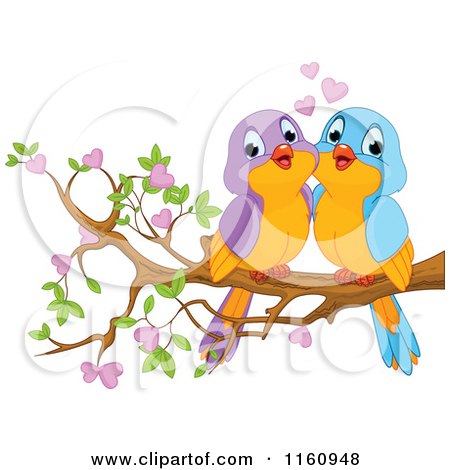 Cartoon of Cute Valentine Love Birds on a Branch with Hearts - Royalty