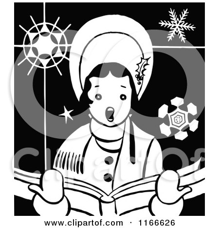 Clipart of a Retro Vintage Black and White Christmas Caroling Woman - Royalty Free Vector ...