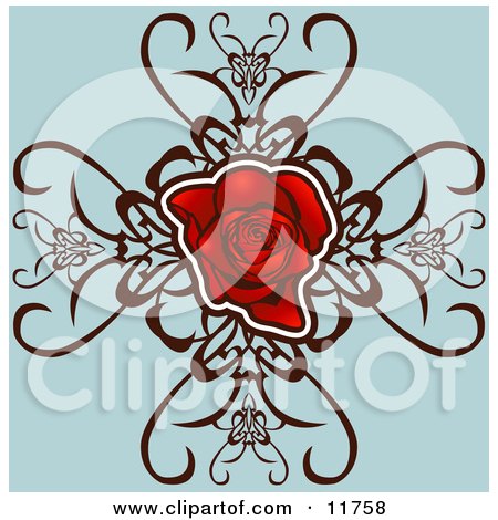 Red Rose With Designs on Blue Posters Art Prints Art Print Description