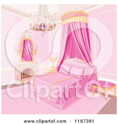Pink Princess Bedroom With A Fireplace Chandelier And Bed Curtain by ...