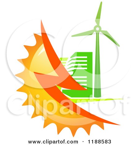 Clipart of a House with a Solar Panel Roof and Sun - Royalty Free 