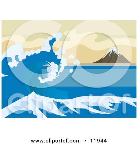 Royalty-free nature clipart picture of a tsunami wave near Mt 