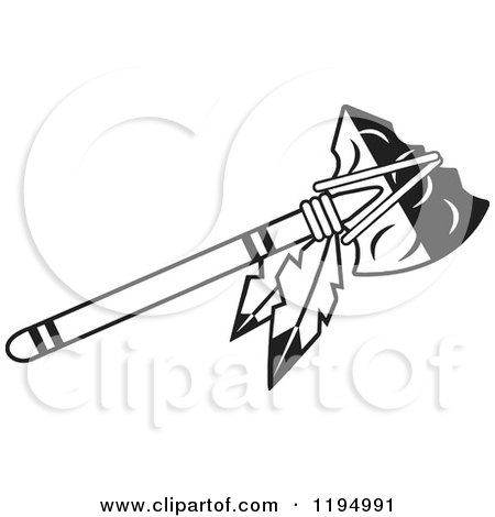 Clipart of a Black and White Tomahawk with Feathers - Royalty Free