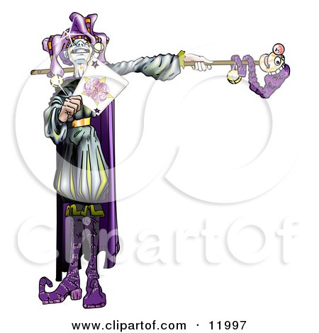 Royalty-free clipart picture of a purple Renaissance joker wearing a jester 