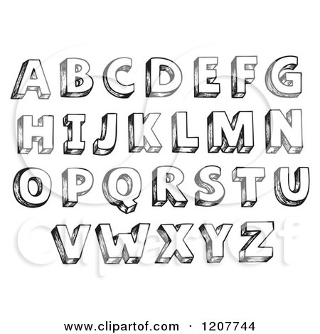 Cartoon of a Black and White Sketched Alphabet Letters - Royalty Free