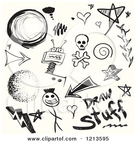1213595 Clipart Of Black Doodle Sketches On Off White Royalty Free Vector Illustration
