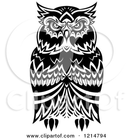 Clipart of a Black and White Tribal Owl 3 - Royalty Free ...