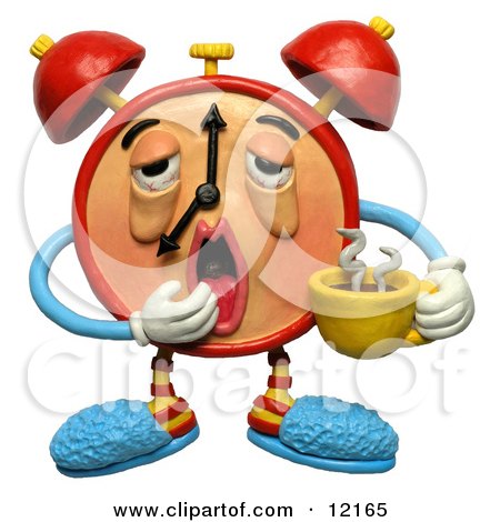 12165-Clay-Sculpture-Of-A-Sleepy-Yawning-Alarm-Clock-With-Bloodshot-Eyes-Wearing-Slippers-And-Holding-Coffee-Clipart-Picture.jpg