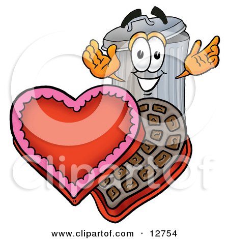 垃圾桶與開盒情人節巧克力糖果海報，版畫藝術的吉祥物卡通人物
