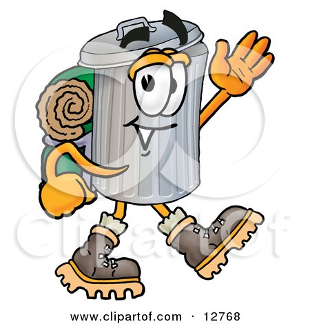  Trash  on Garbage Can Mascot Cartoon Character Hiking And Carrying A Backpack
