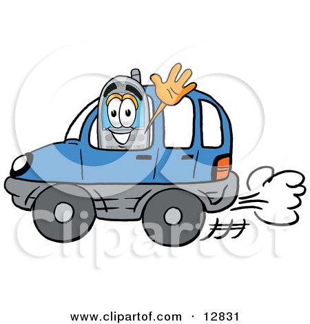  telephone mascot cartoon character driving a blue car and waving.