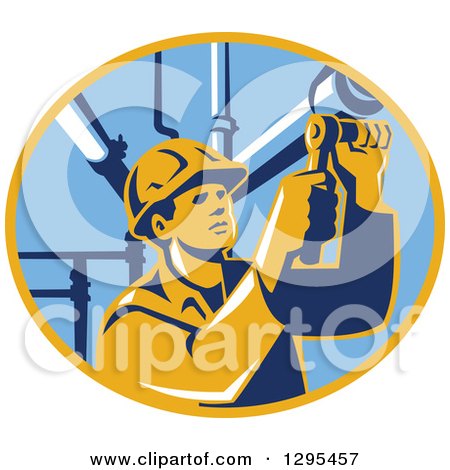 Clipart of a Retro Male Pipe Fitter Plumber Working in a Yellow and