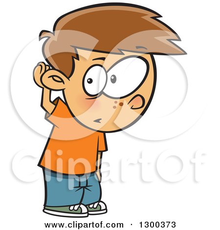 Clipart of a Cartoon Brunette White Boy Covering His Ear and Listening